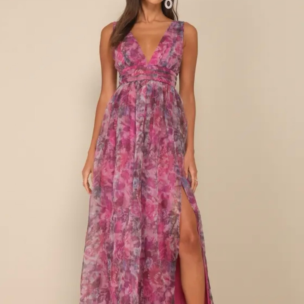 Lulu's Garden Romance Magenta Floral Print Organza Maxi Dress Size M
